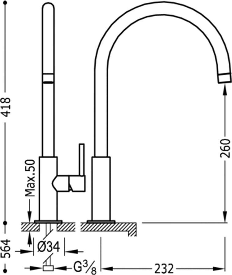 Tres Wastafelkraan Study | Opbouw | Draaibare uitloop | Mengkraan | Hoog model | 1-hendel | Rond | Chroom