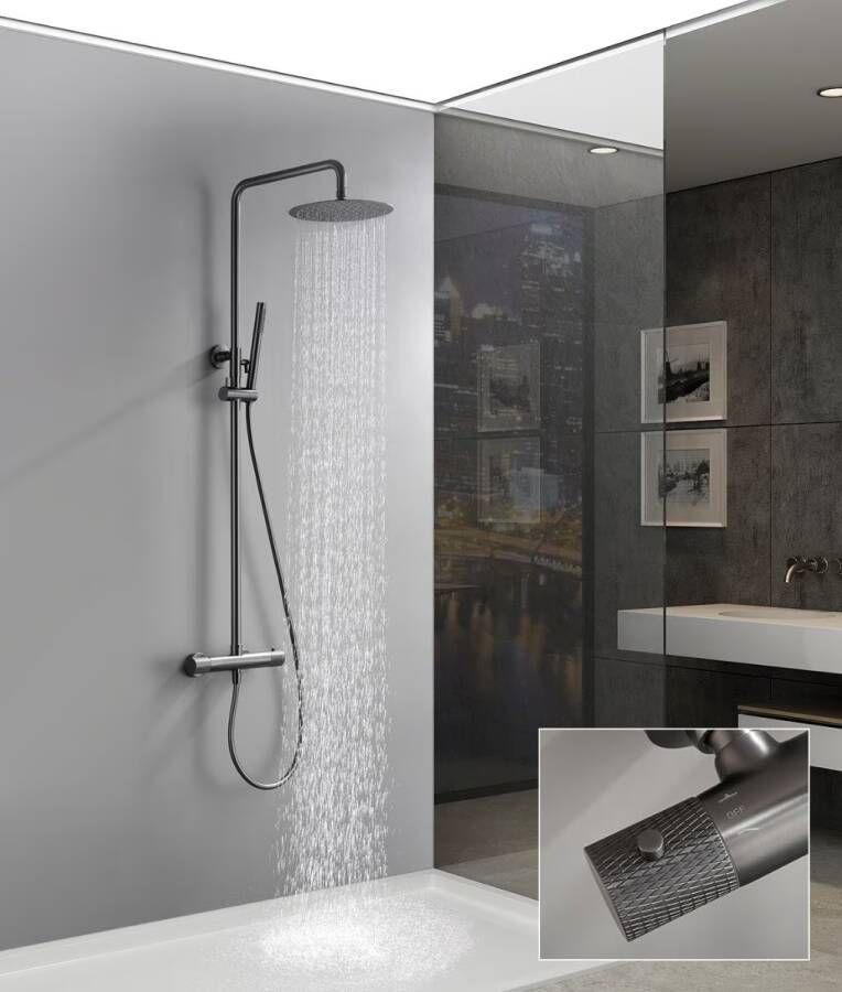 Wiesbaden Regendouche set Ribbd | Opbouw | Thermostaatkraan | 2-weg | hoh 15 cm | 2-hendel | Rond | Gunmetal
