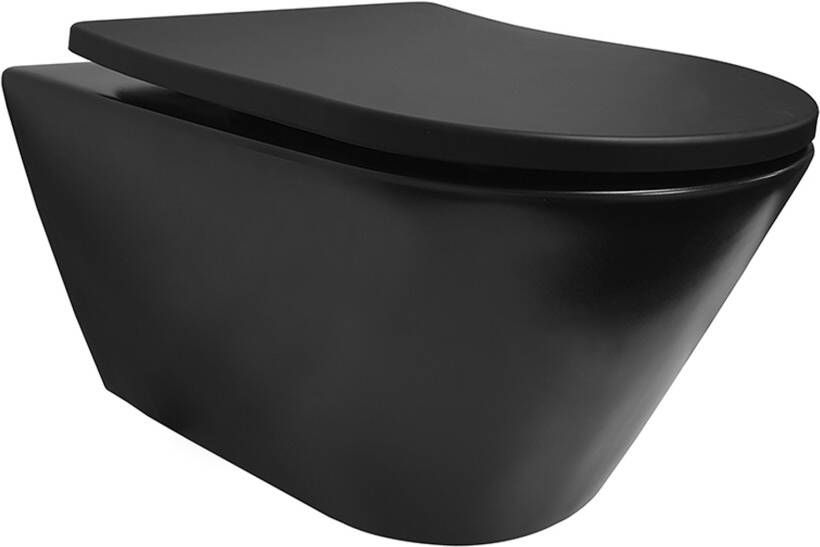 Wiesbaden Toiletpot Hangend Stereo Mat Zwart 35.5x53x40cm Wandcloset Diepspoel Rimless met Softclose Quickrelease - Foto 4