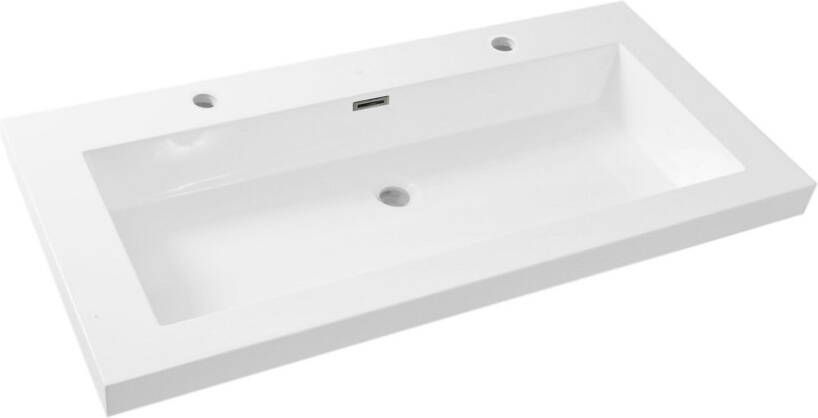 Wiesbaden Meubelwastafel Vision Rechthoek 100x46x5 5cm Kunstmarmer Glans Wit 2 Kraangaten Overloop - Foto 3