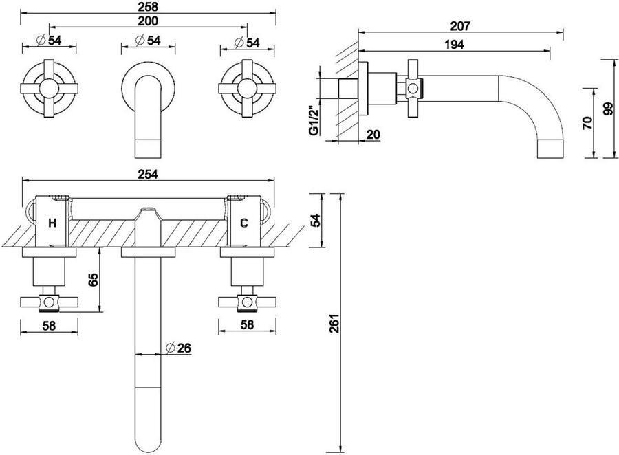 Wiesbaden Wastafelkraan Inbouw Cross Afbouwdeel Mengkraan Rond Glans Chroom 2 Knops 20 cm Uitloop
