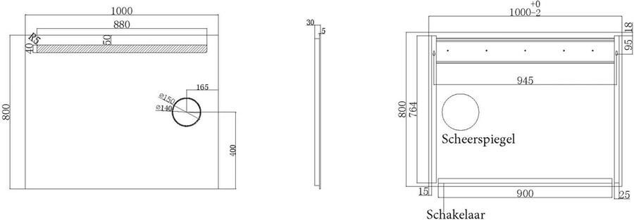 Wiesbaden Badkamerspiegel met scheerspiegel Tigris | 100x80 cm | Rechthoekig | Directe LED verlichting | Drukschakelaar