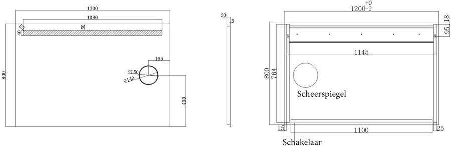 Wiesbaden Badkamerspiegel met scheerspiegel Tigris | 120x80 cm | Rechthoekig | Directe LED verlichting | Drukschakelaar