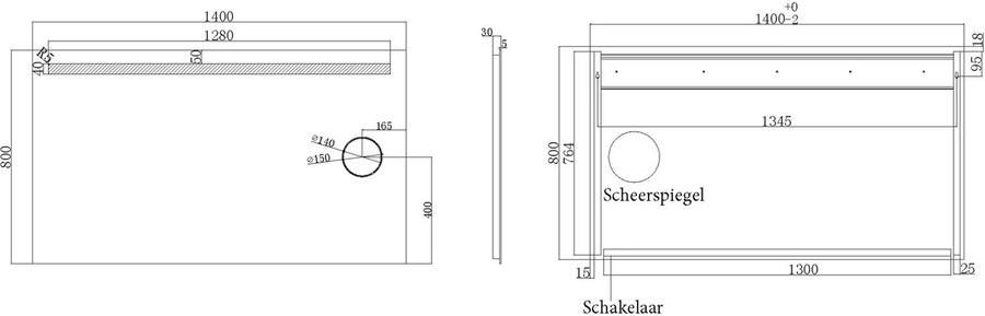 Wiesbaden Badkamerspiegel met scheerspiegel Tigris | 140x80 cm | Rechthoekig | Directe LED verlichting | Drukschakelaar