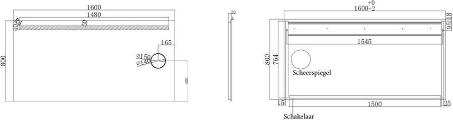 Wiesbaden Badkamerspiegel met scheerspiegel Tigris | 160x80 cm | Rechthoekig | Directe LED verlichting | Drukschakelaar