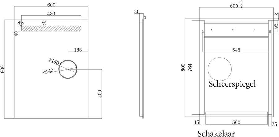 Wiesbaden Badkamerspiegel met scheerspiegel Tigris | 60x80 cm | Rechthoekig | Directe LED verlichting | Drukschakelaar