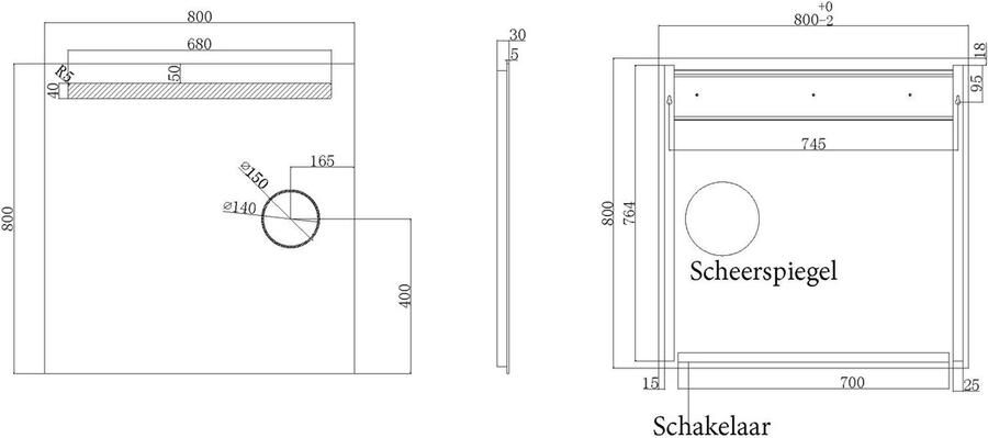 Wiesbaden Badkamerspiegel met scheerspiegel Tigris | 80x80 cm | Vierkant | Directe LED verlichting | Drukschakelaar