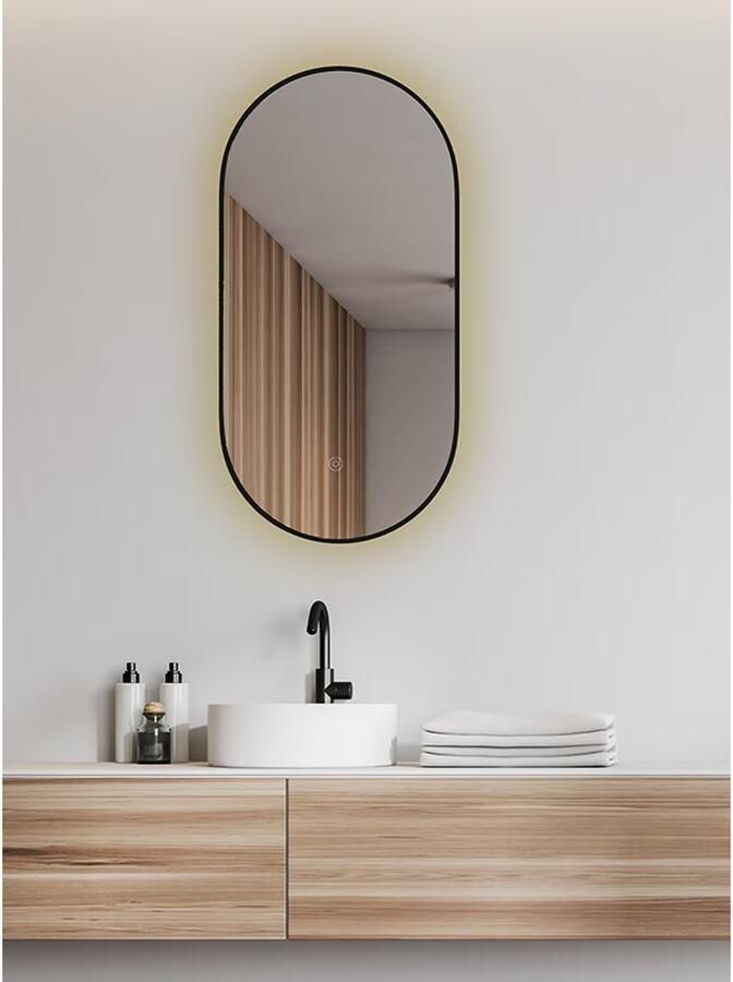 Wiesbaden Badkamerspiegel Nomi | 50x100 cm | Ovaal | Indirecte LED verlichting | Touch button | Met spiegelverwarming | Zwart mat - Foto 2