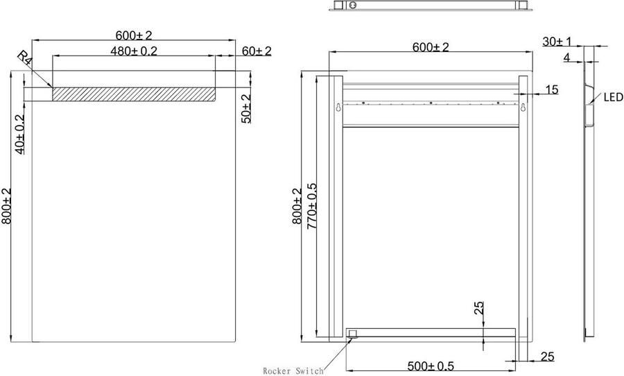 Wiesbaden Badkamerspiegel Tigris | 60x80 cm | Rechthoekig | Directe LED verlichting | Drukschakelaar