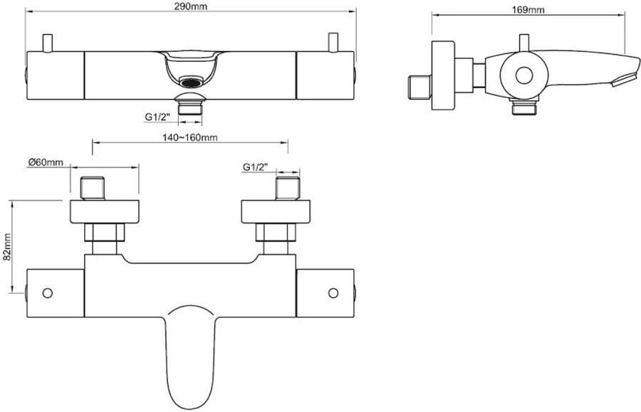 Wiesbaden Badkraan Caral 15cm Hartafstand Thermostatisch Opbouw Rond Mat Zwart 2 Greeps met Onderuitloop