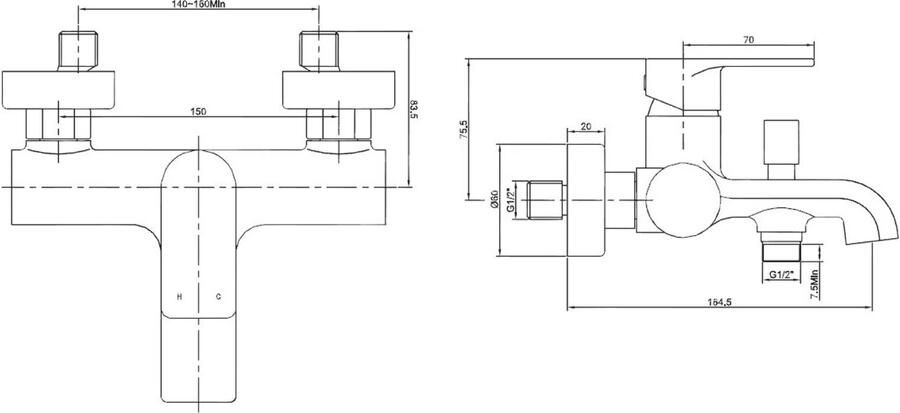 Wiesbaden Badkraan Lima | Opbouw | Mengkraan | Waterval uitloop | 2-weg | hoh 15 cm | 1-hendel | Rond | Chroom - Foto 2