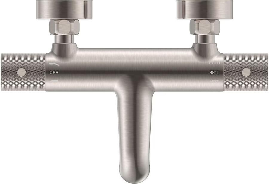 Wiesbaden Badkraan Ribbd | Opbouw | Thermostaatkraan | 2-weg | hoh 15 cm | 2-knops | Rond | Geborsteld staal PVD