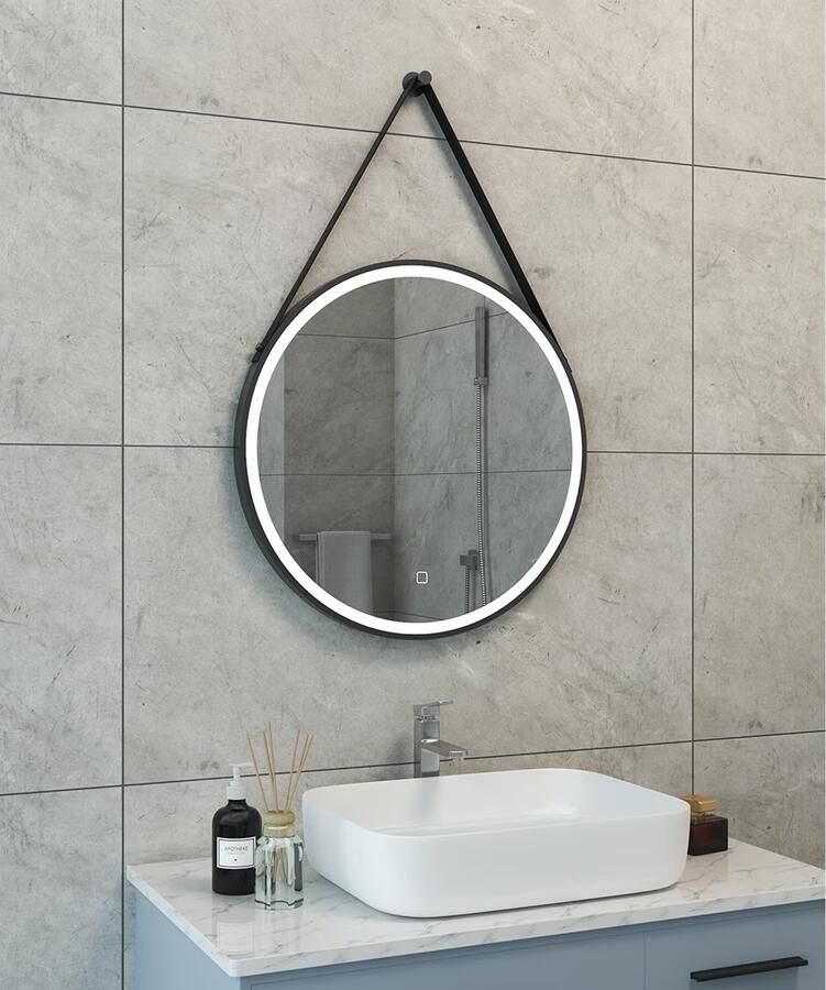 Wiesbaden Cinto spiegel rond met band dimbare LED verlichting en spiegelverwarming 60 cm mat zwart