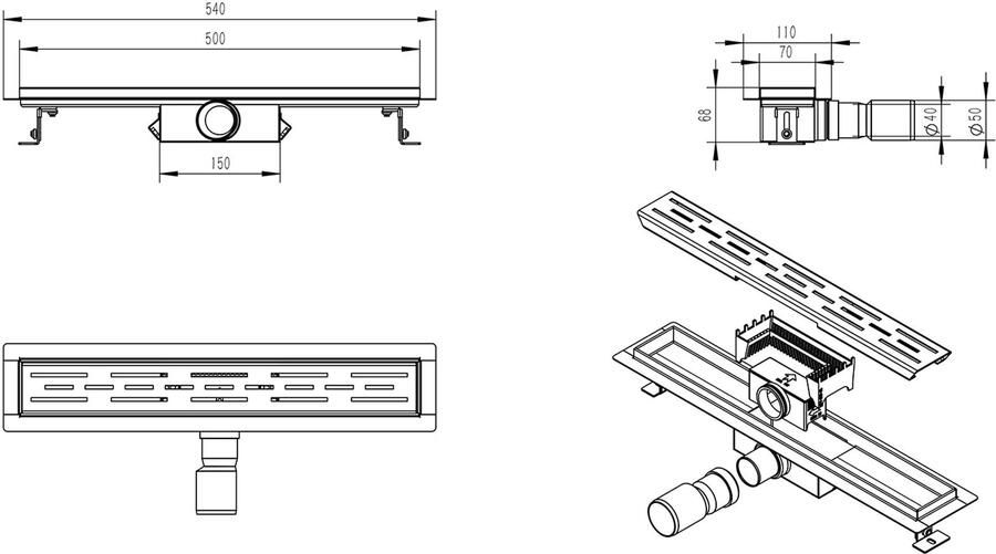 Wiesbaden Douchegoot 50 cm | Met flens en rooster | Mat zwart