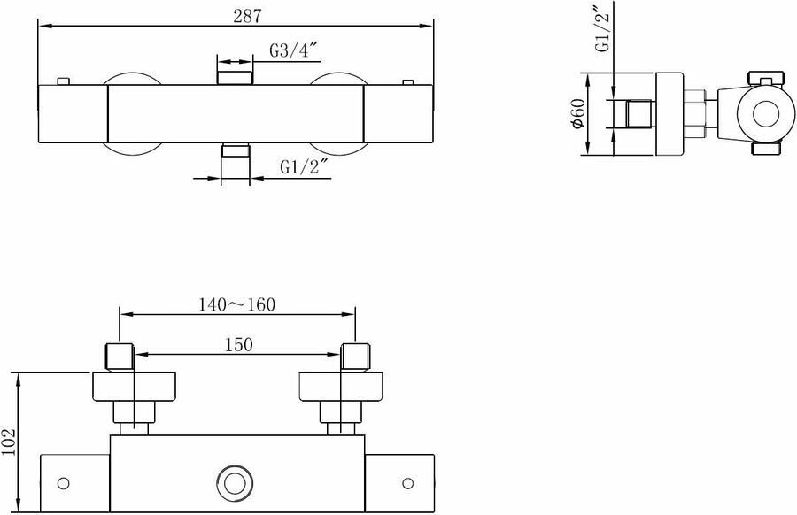 Wiesbaden Douchekraan Caral | Opbouw | Thermostaatkraan | 1-weg | hoh 15 cm | 2-knops | Rond | Chroom