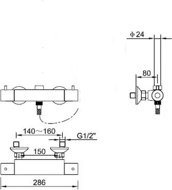 Wiesbaden Douchekraan Caral | Opbouw | Thermostaatkraan | 1-weg | hoh 15 cm | 2-knops | Rond | Chroom - Foto 3