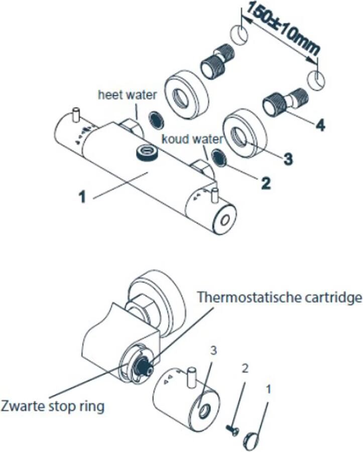 Wiesbaden Douchekraan Caral | Opbouw | Thermostaatkraan | 1-weg | hoh 15 cm | 2-knops | Rond | Zwart
