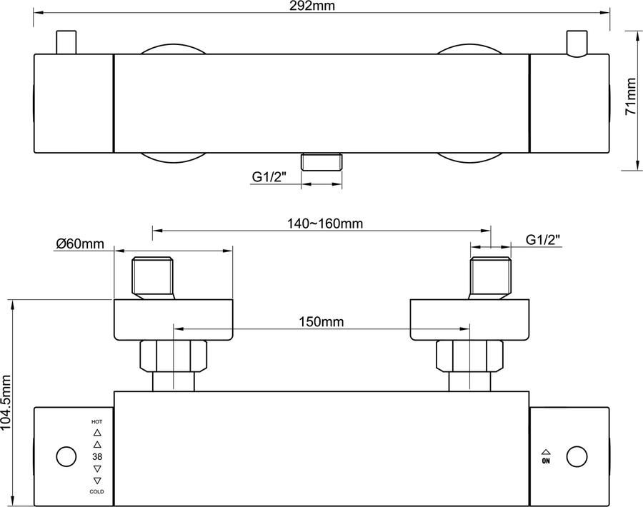 Wiesbaden Douchekraan Cool Touch | Opbouw | Thermostaatkraan | 1-weg | hoh 15 cm | 2-knops | Rond | Geborsteld staal PVD