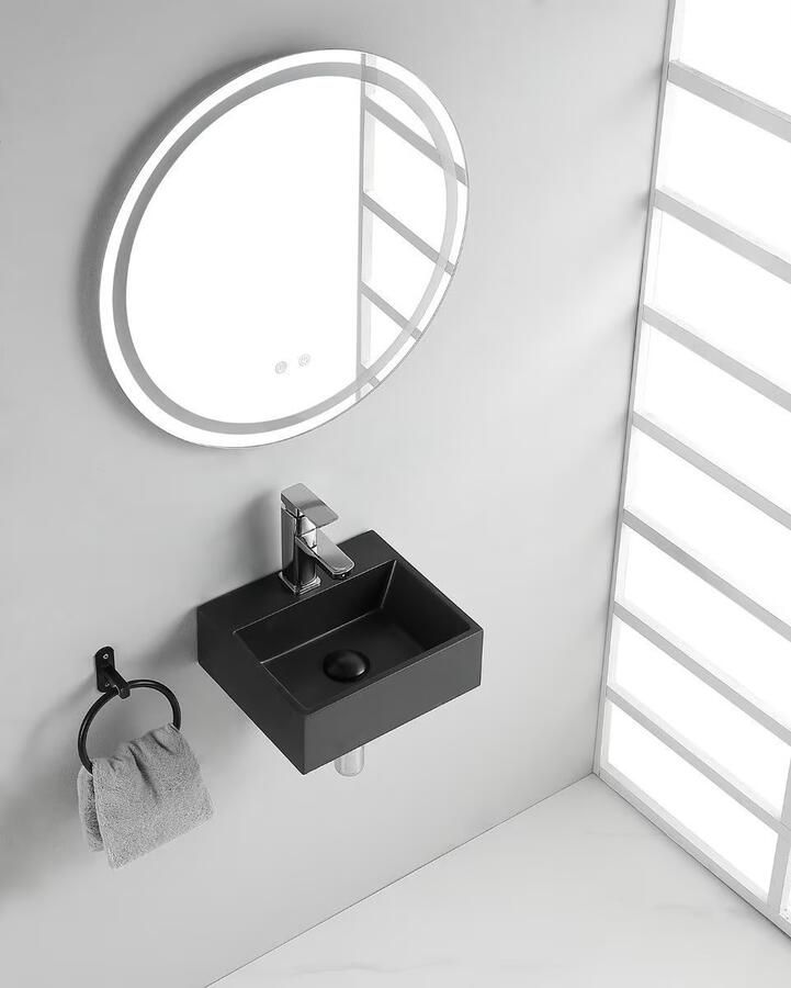 Wiesbaden Fontein Leto | 33x29x11 cm | Keramiek | Wandmontage | 1 kraangat | Rechthoek | Zwart mat