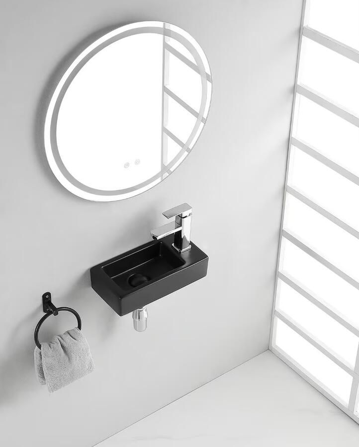 Wiesbaden Fontein Rhea mini | 36x18x9 cm | Keramiek | Rechts montage | 1 kraangat | Rechthoek | Zwart mat - Foto 2