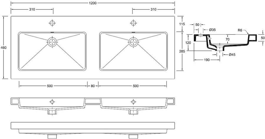 Wiesbaden Meubelwastafel Dubbel Rechthoek 120x46x5cm Keramiek Glans Wit 2 Kraangaten met Overloop - Foto 2