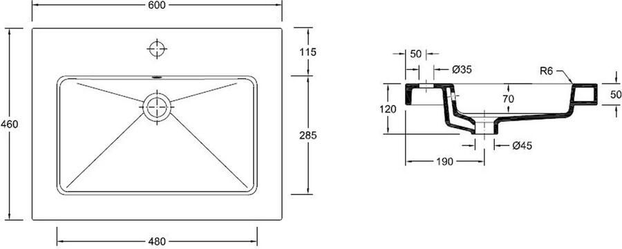 Wiesbaden Meubelwastafel Rechthoek 60x46x5cm Keramiek Glans Wit 1 Kraangat met Overloop