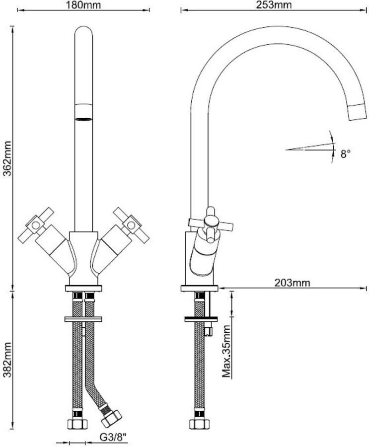 Wiesbaden Keukenkraan Cross | Opbouw | 360° Draaibaar | Mengkraan | 2-knops | Cross | Chroom