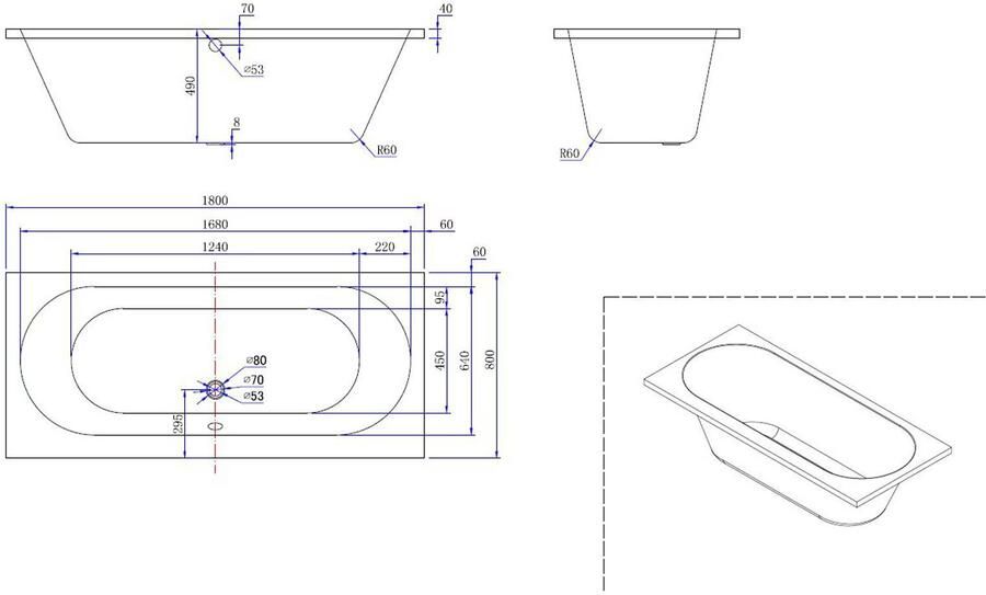 Xellanz Ligbad Inbouw Portus Rechthoek 1-2 Persoons Duobad 90x190x50cm Acryl Badkuip Glans Wit - Foto 3