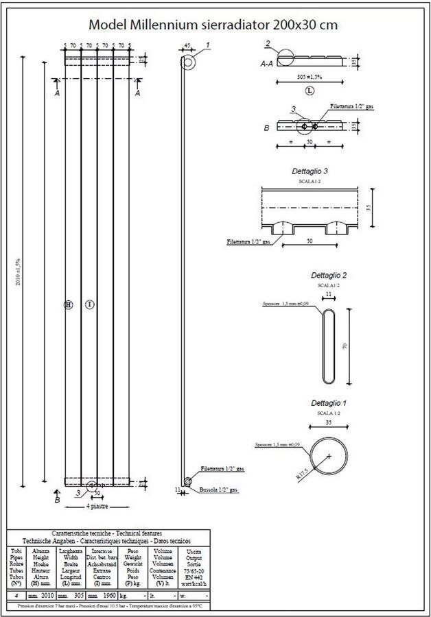 Wiesbaden Designradiator Millennium 200x30cm 652 Watt Mat Wit Middenondersaansluiting
