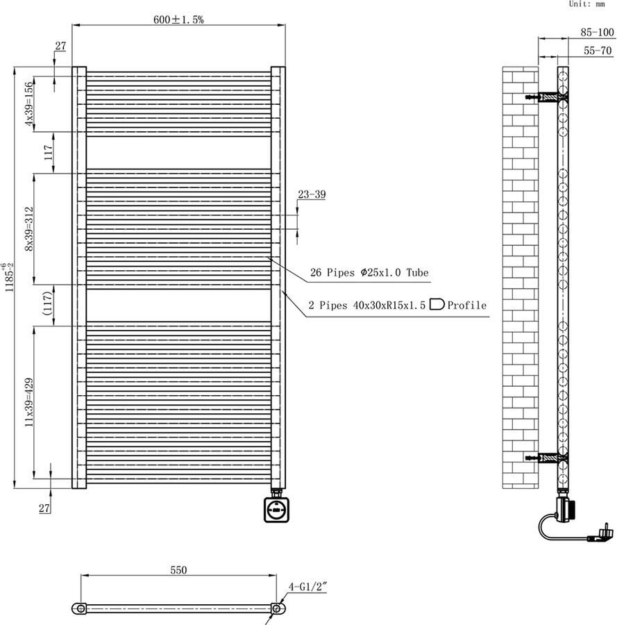 Wiesbaden Radiator Elara | 118.5x60 cm | Elektrisch | Smart Wifi | 700 Watt | Gunmetal PVD