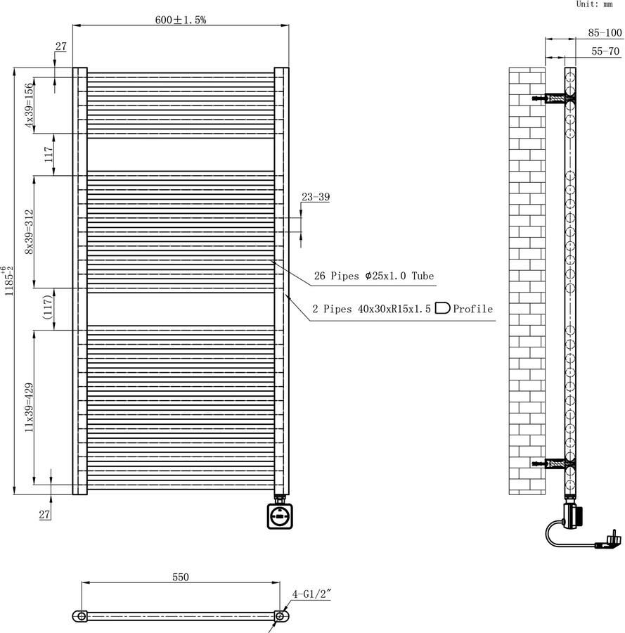 Wiesbaden Radiator Elara | 118.5x60 cm | Elektrisch | Smart Wifi | 700 Watt | Zwart mat - Foto 2