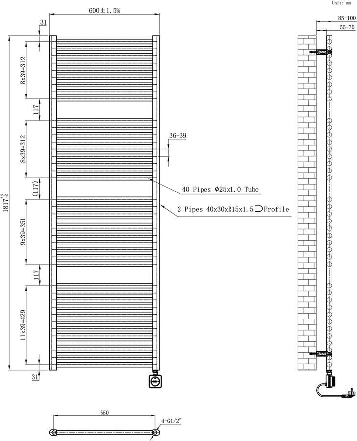 Wiesbaden Radiator Elara | 181.7x60 cm | Elektrisch | Smart Wifi | 1000 Watt | Gunmetal PVD