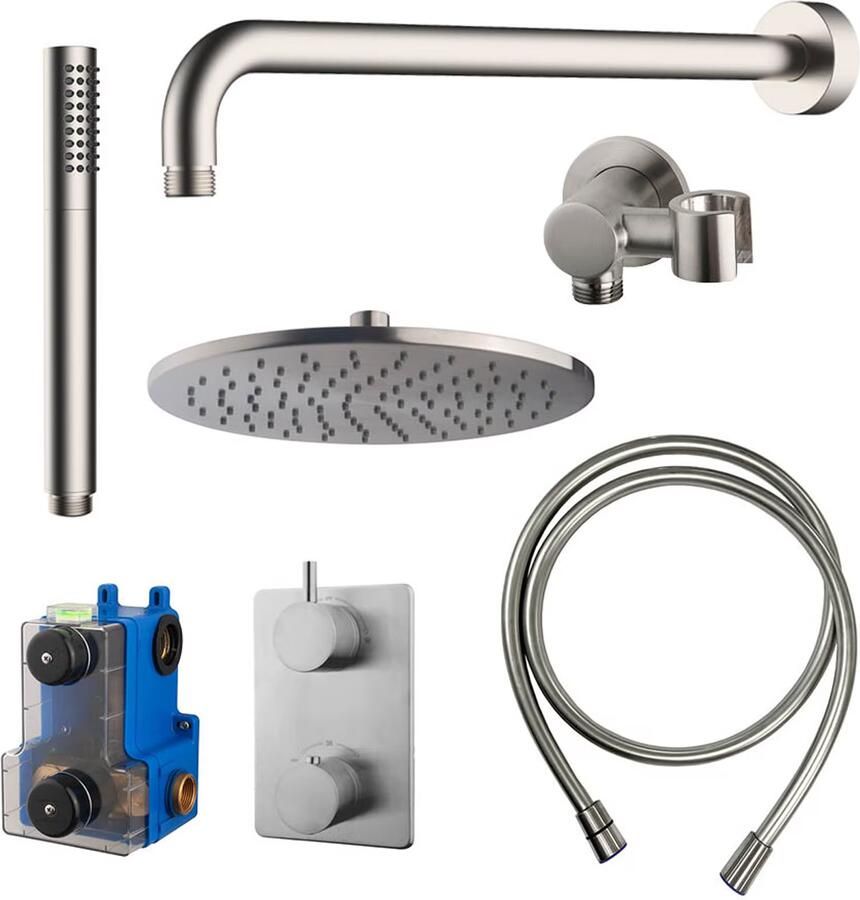 Wiesbaden Regendouche set Caral | Inbouw | 25 cm | Thermostaatkraan | Incl.Inbouwdeel | 2-weg | Rond | Geborsteld staal - Foto 3