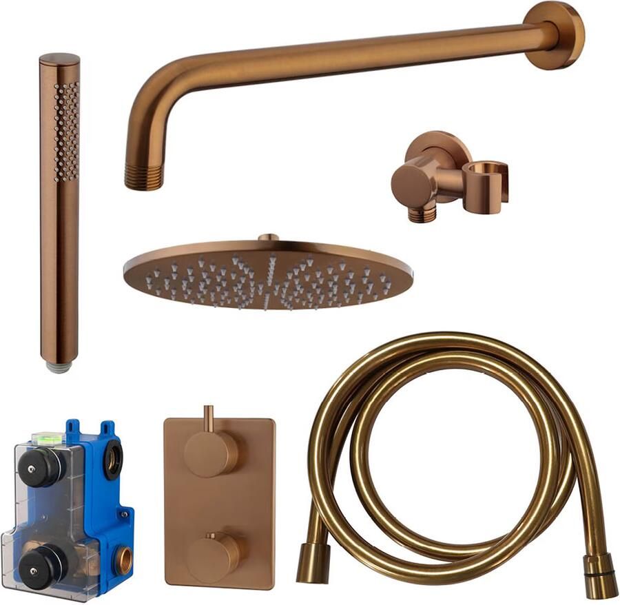 Wiesbaden Regendouche set Caral | Inbouw | 25 cm | Thermostaatkraan | Incl.Inbouwdeel | 2-weg | Rond | Geborsteld brons koper - Foto 3