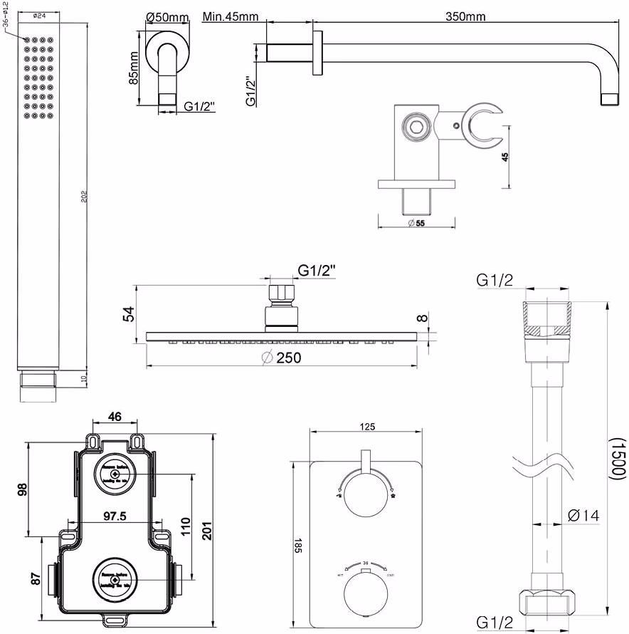 Wiesbaden Regendouche set Caral | Inbouw | 25 cm | Thermostaatkraan | Incl.Inbouwdeel | 2-weg | Rond | Geborsteld messing