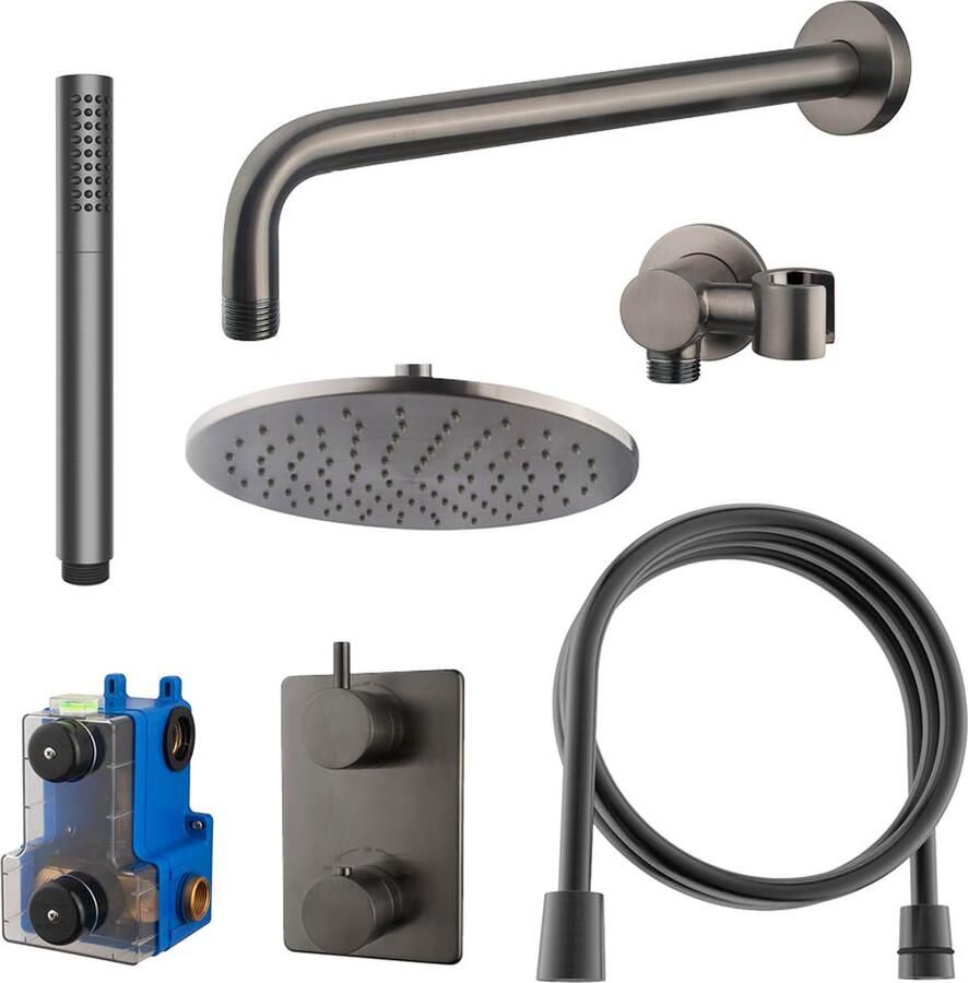 Wiesbaden Regendouche set Caral | Inbouw | 25 cm | Thermostaatkraan | Incl.Inbouwdeel | 2-weg | Rond | Gunmetal - Foto 3