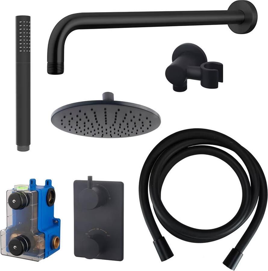 Wiesbaden Regendouche set Caral | Inbouw | 25 cm | Thermostaatkraan | Incl.Inbouwdeel | 2-weg | Rond | Zwart mat - Foto 3