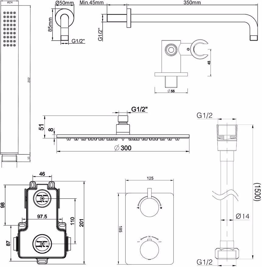 Wiesbaden Regendouche set Caral | Inbouw | 30 cm | Thermostaatkraan | Incl.Inbouwdeel | 2-weg | Rond | Geborsteld messing - Foto 2