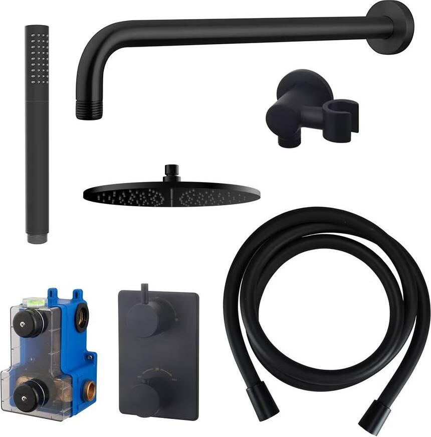 Wiesbaden Regendouche set Caral | Inbouw | 30 cm | Thermostaatkraan | Incl.Inbouwdeel | 2-weg | Rond | Zwart mat