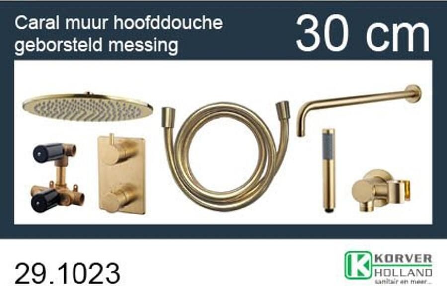 Wiesbaden Caral one-pack complete inbouwthermostaatset met muurbevestiging met 30 cm hoofddouche geborsteld messing