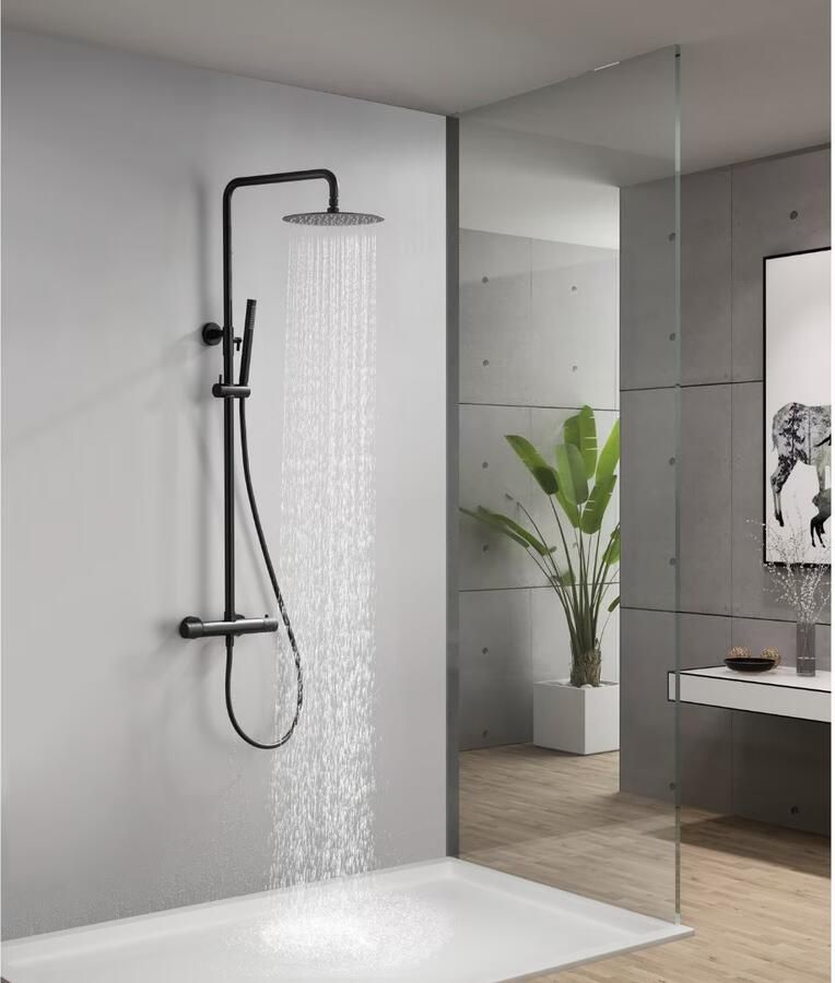 Wiesbaden Regendouche set Ribbd | Opbouw | Thermostaatkraan | 2-weg | hoh 15 cm | 2-hendel | Rond | Zwart mat - Foto 2