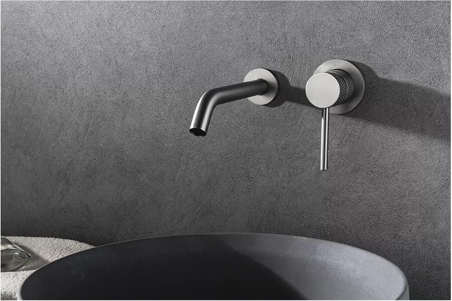 Wiesbaden Ribbd wastafelmengkraan inbouw 1-weg Geborsteld staal PVD