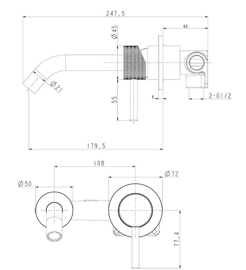 Wiesbaden Ribbd wastafelmengkraan inbouw 1-weg Gunmetal PVD