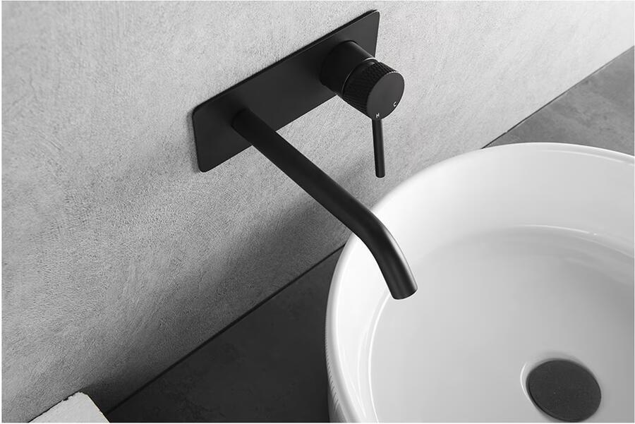 Wiesbaden Ribbd wastafelmengkraan inbouw 1-weg zwart mat - Foto 2