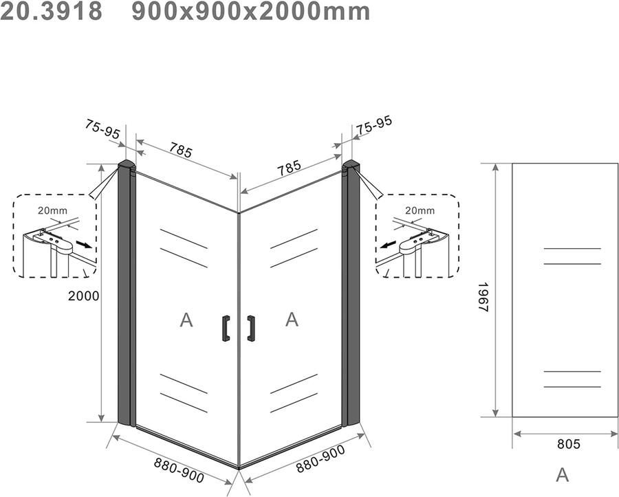 Wiesbaden Salone cabine met 2 draaideuren 900x900x2000x8 mm nano helder glas mat zwart