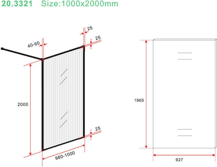 Wiesbaden Square inloopdouche 100x200 cm geribeld glas nano coating zwart mat