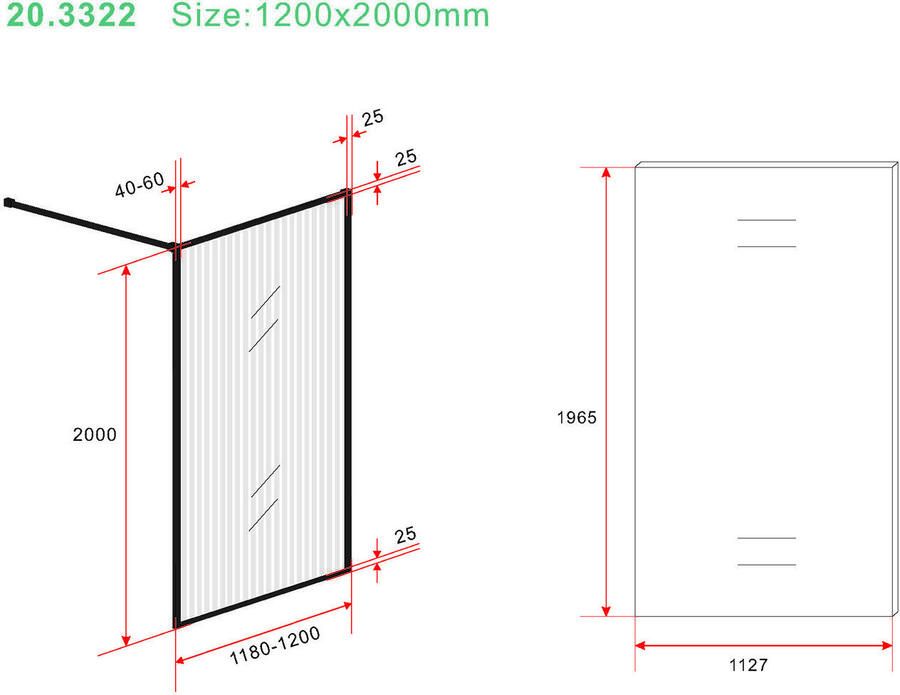 Wiesbaden Square inloopdouche 120x200 cm geribeld glas nano coating zwart mat