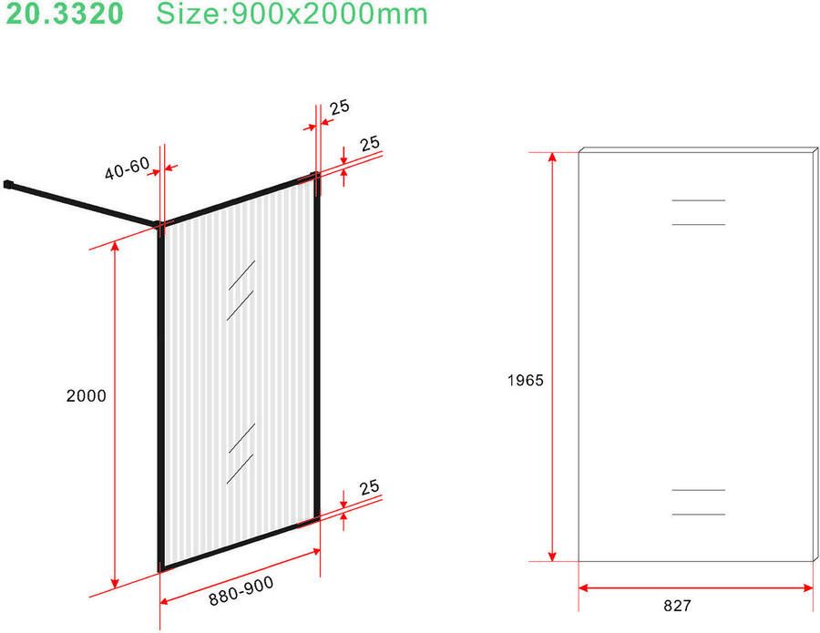 Wiesbaden Square inloopdouche 90x200 cm geribeld glas nano coating zwart mat