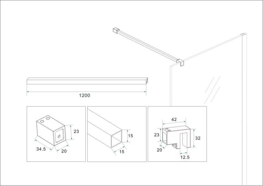 Wiesbaden Stabilisatiestang set Slim | 120 cm | Set van 2 | T.b.v. vrijstaande inloopdouche | Gunmetal