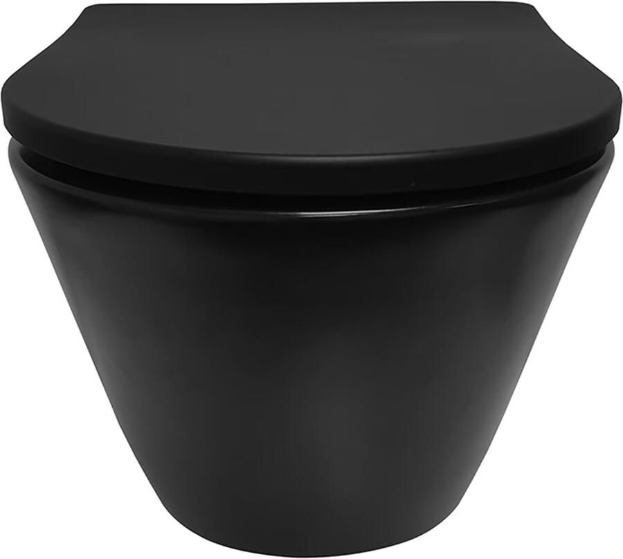Wiesbaden Toiletpot Hangend Stereo Mat Zwart 35.5x53x40cm Wandcloset Diepspoel Rimless met Softclose Quickrelease